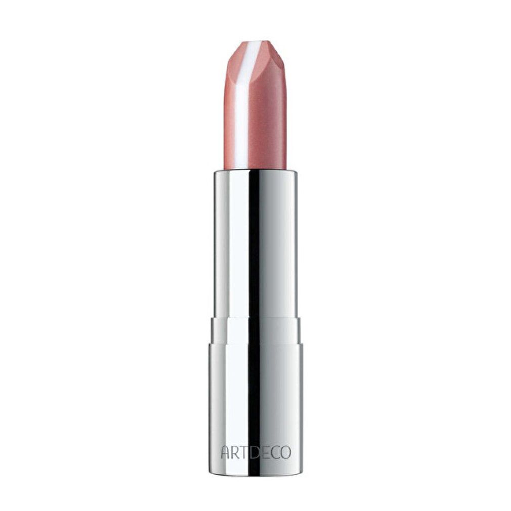 Rouge à lèvres Artdeco Hydra Care dans un tube argenté avec un cœur rose et blanc.