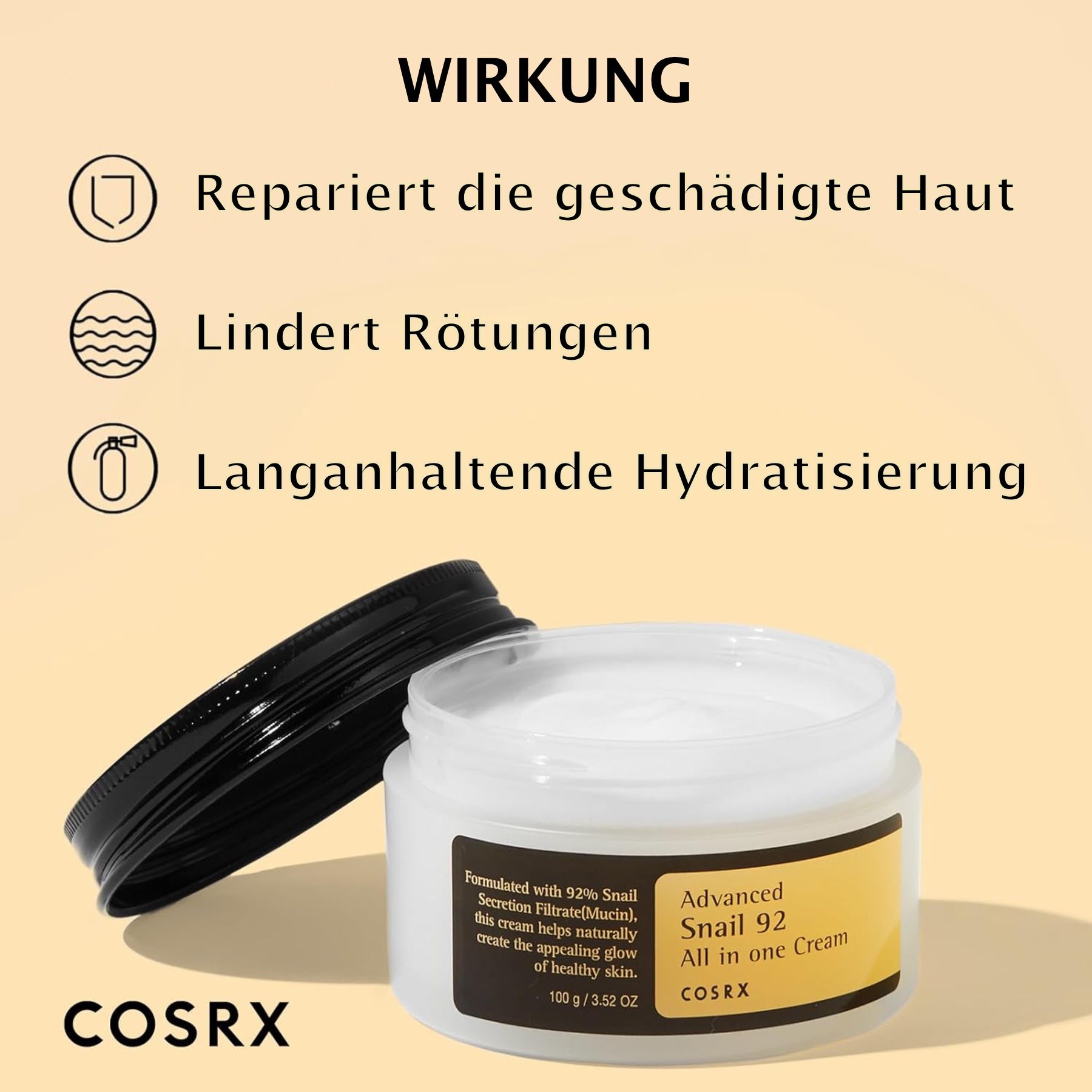 Crèmepot met zwarte deksel, open. Opschrift: COSRX Advanced Snail 92 All in one Cream.