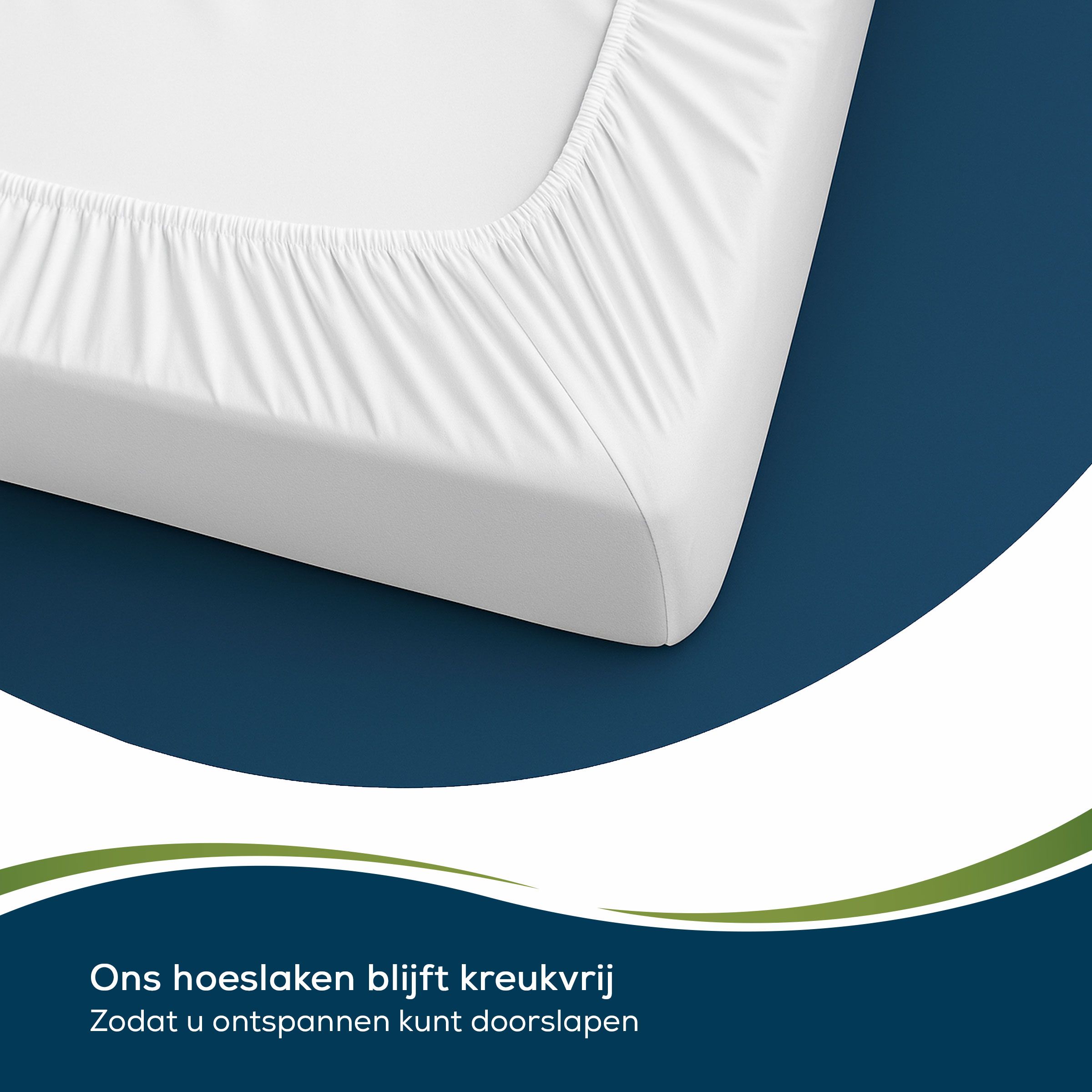 Wit hoeslaken. Tekst: Ons hoeslaken blijft kreukvrij. Donkerblauwe achtergrond.