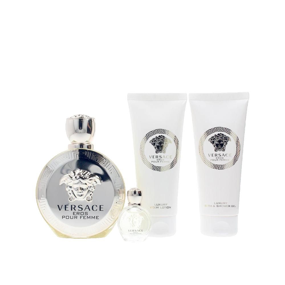 Parfumset. Bevat een ronde fles, een kleine fles en twee tubes. Zilveren doppen en versieringen. Tekst: VERSACE EROS POUR FEMME.