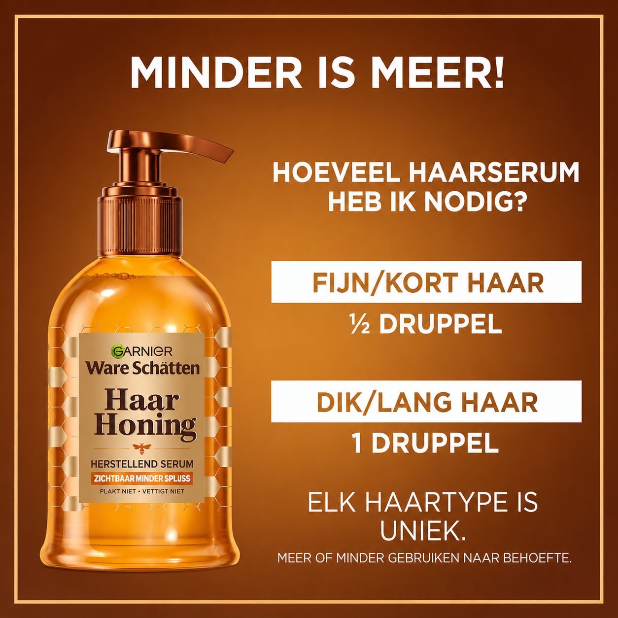Garnier Haar Honig haarserum in een pompfles. Gele vloeistof met honingraatpatroon op het etiket.