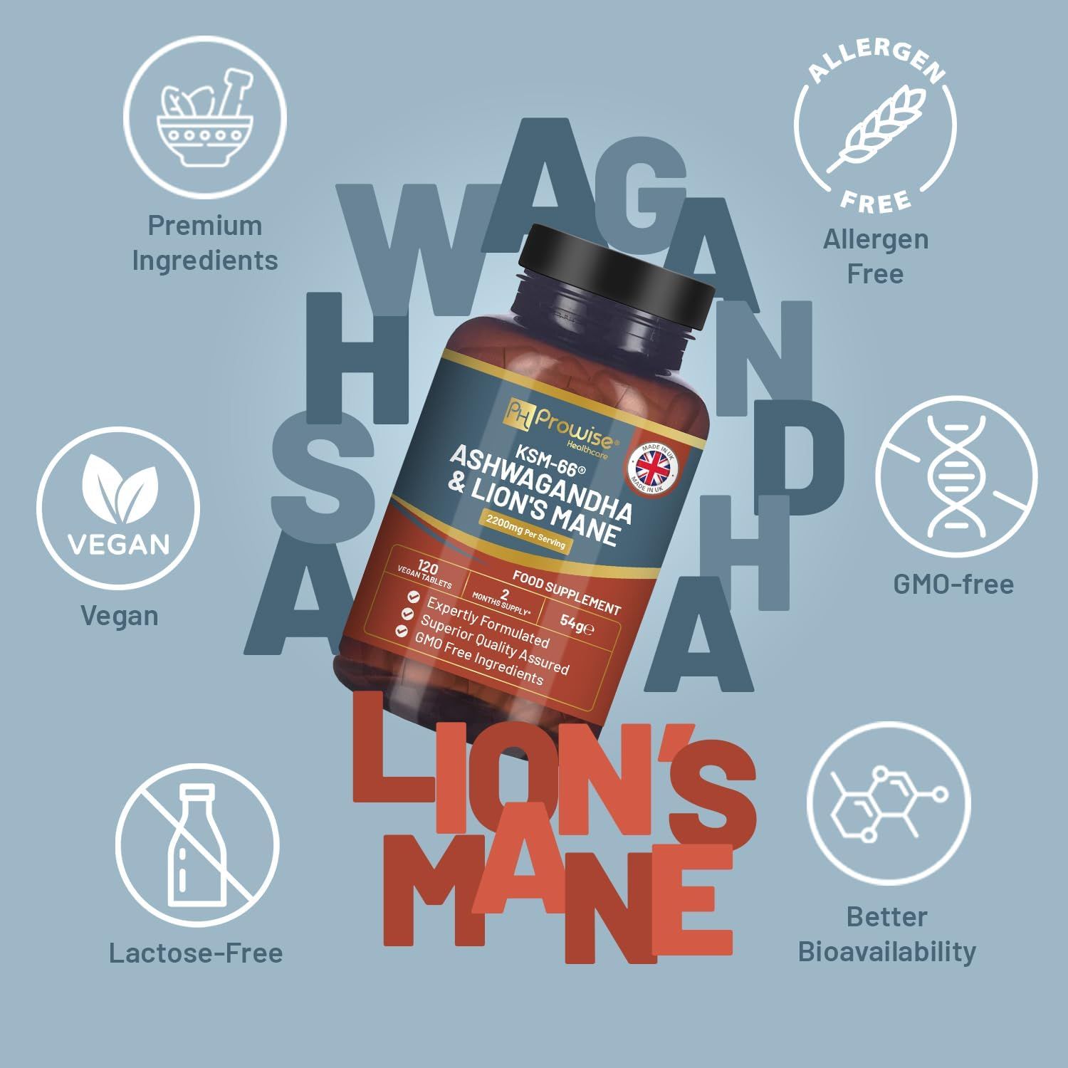 Bruine fles met zwarte dop. Opschrift: KSM-66 Ashwagandha & Lion's Mane. Logo's: Vegan, Allergievrij, GMO-vrij, Lactosevrij.