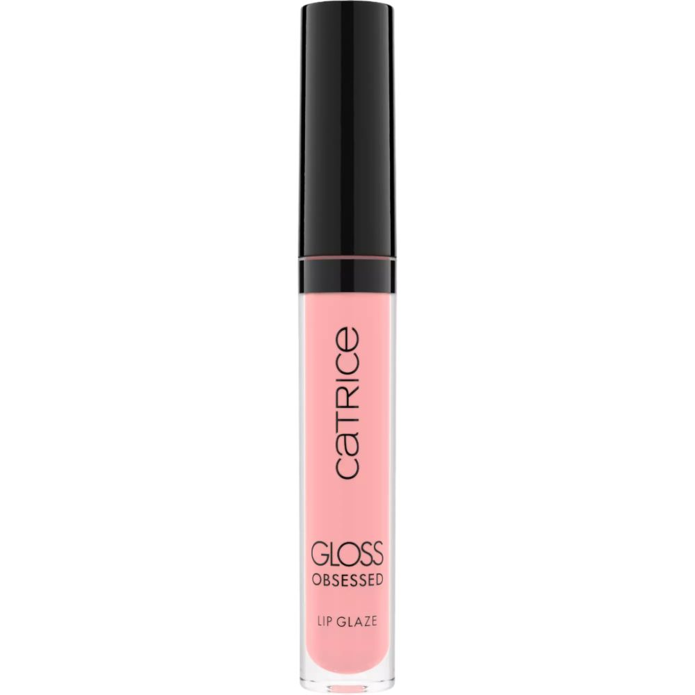 Catrice Lipgloss Gloss Obsessed roze. Zwarte dop. Opschrift Catrice, Gloss Obsessed, Lip Glaze.