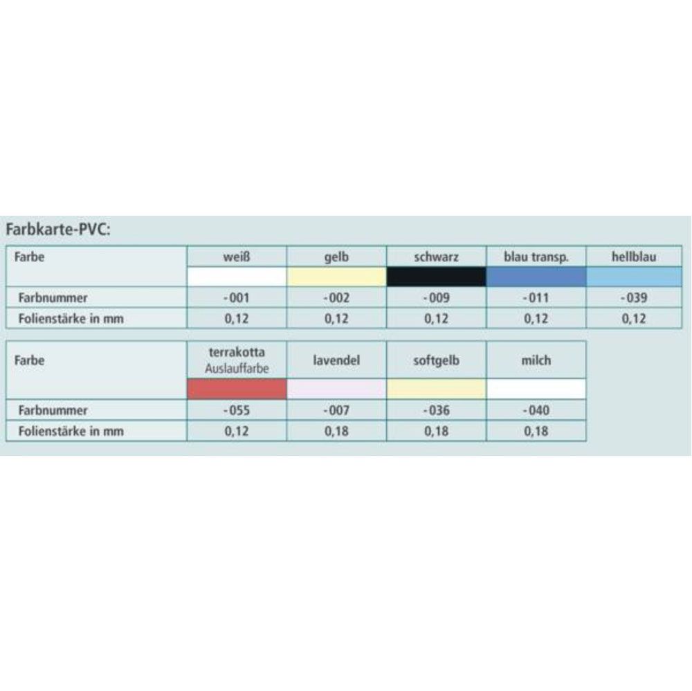Kleurentabel voor PVC hoeslakens. Kleuren: wit, geel, zwart, blauw, lichtblauw, terracotta, lavendel, zachtgeel, melk.
