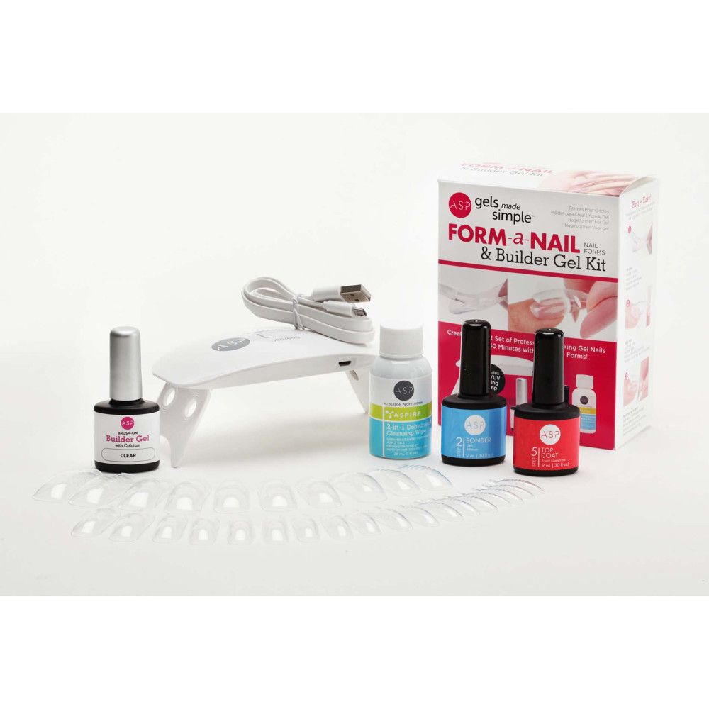 Kit de gel pour ongles avec lampe UV, vernis, flacons et formes. Emballage blanc avec nom du produit.