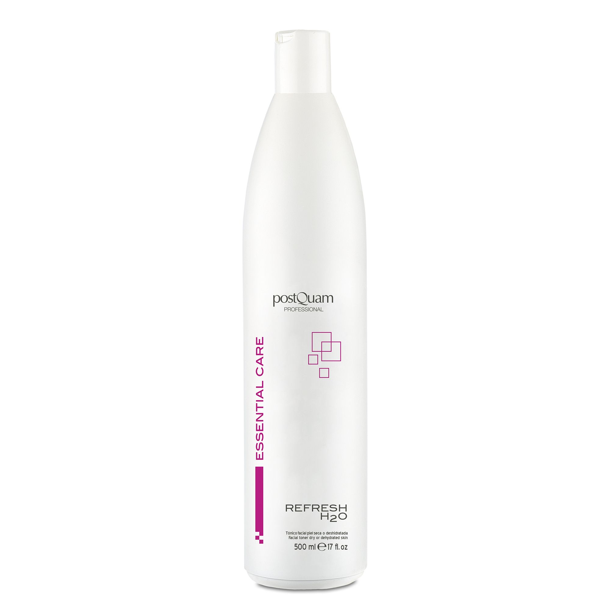 Flacon blanc. Inscriptions : Postquam Professional, Essential Care, Refresh H2O. Contenance : 500 ml.