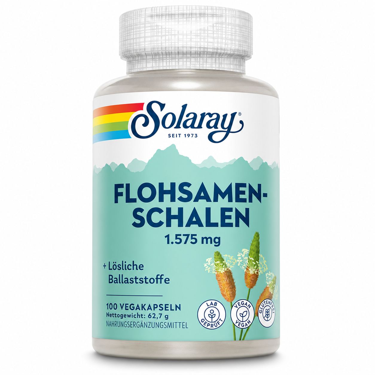 Bouteille de gélules de psyllium Solaray, 100 gélules végétales. Contient des fibres solubles. Certifications visibles.