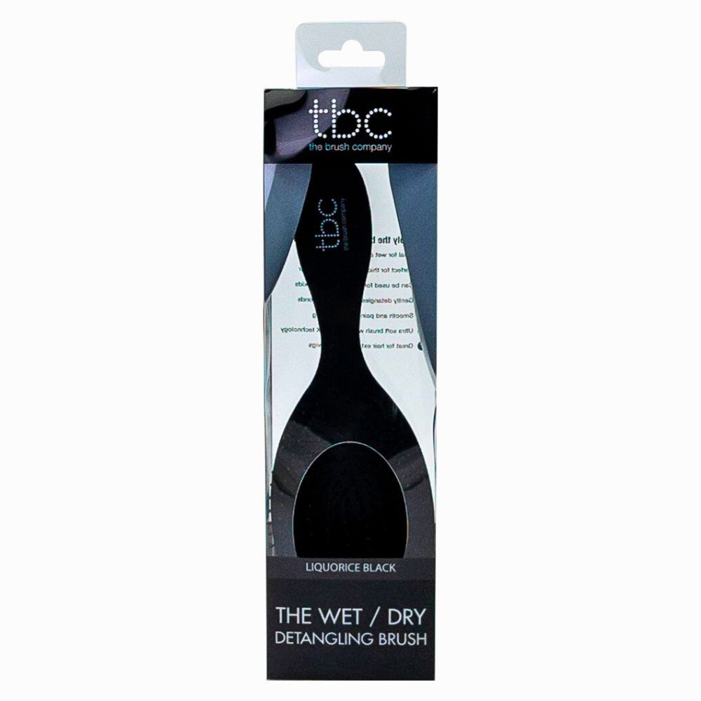 Emballage de la brosse à cheveux TBC Wet & Dry noire. Contient la brosse et des informations produit.