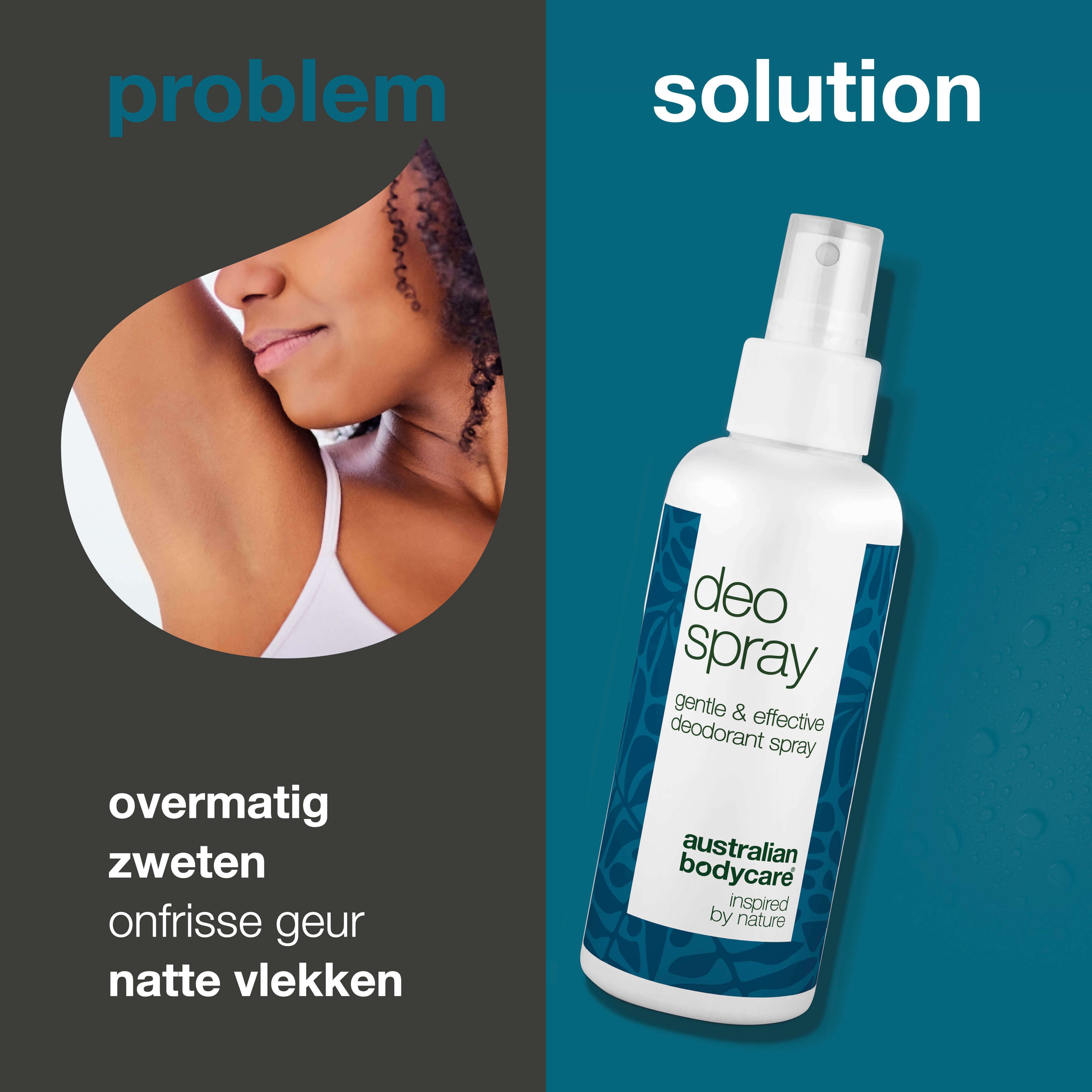 Afbeelding van een vrouw en een deodorantfles. Tekst: Deo Spray, Australian Bodycare. Probleem: zweten, geur.