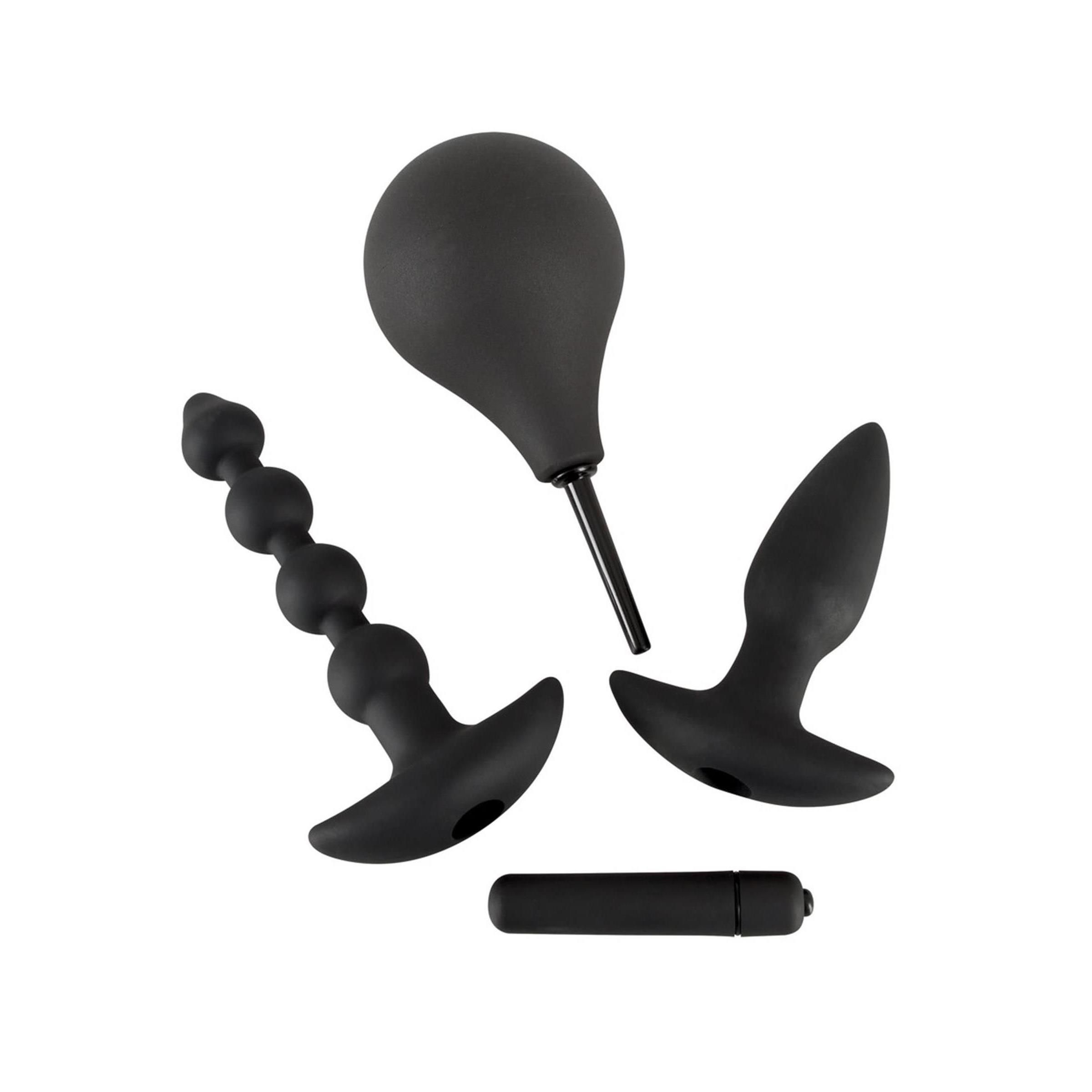 Kit anal : douche, plug à perles, plug et vibro bullet en silicone noir.