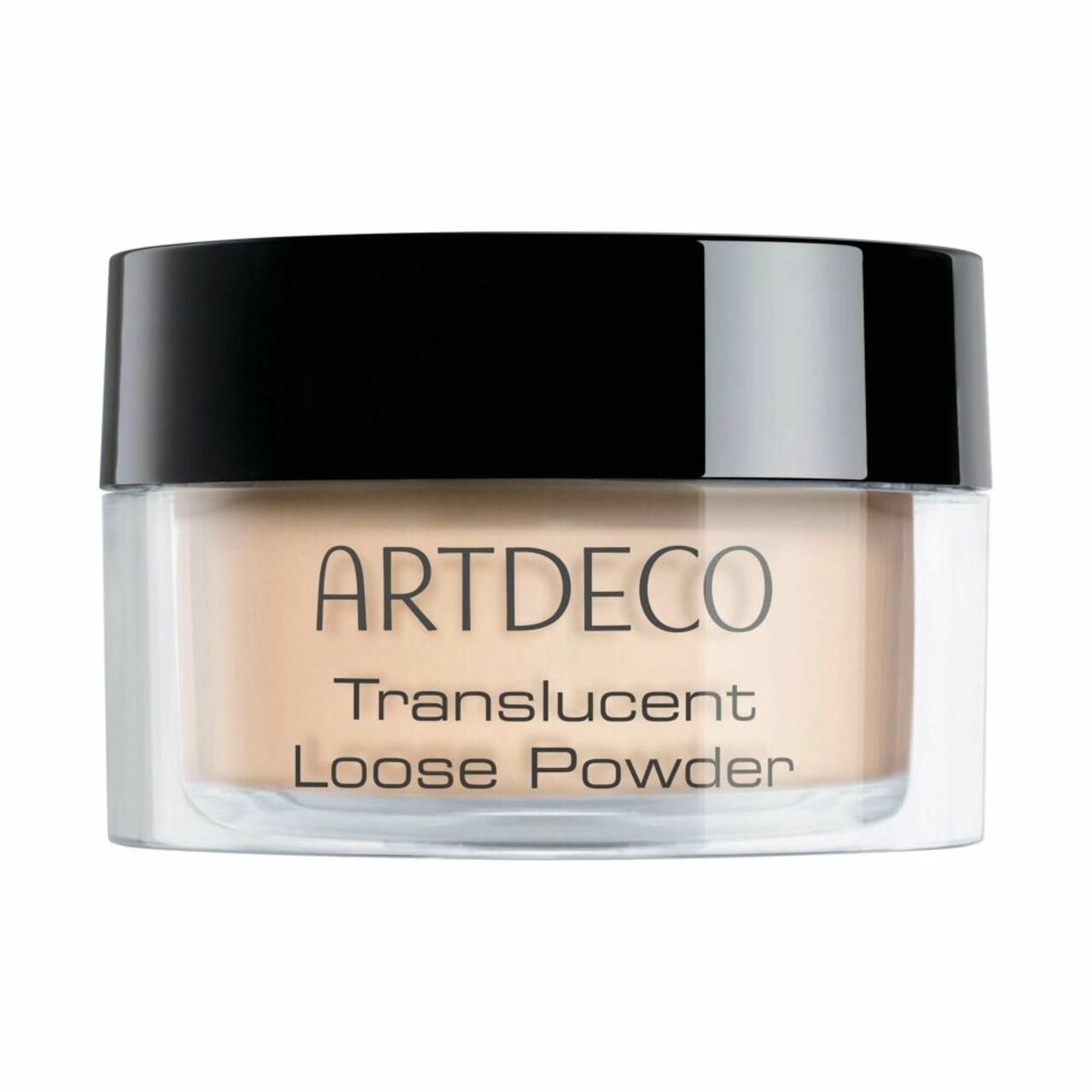 Artdeco Translucent Loose Powder in een transparante container met zwarte deksel. Productnaam gedrukt.