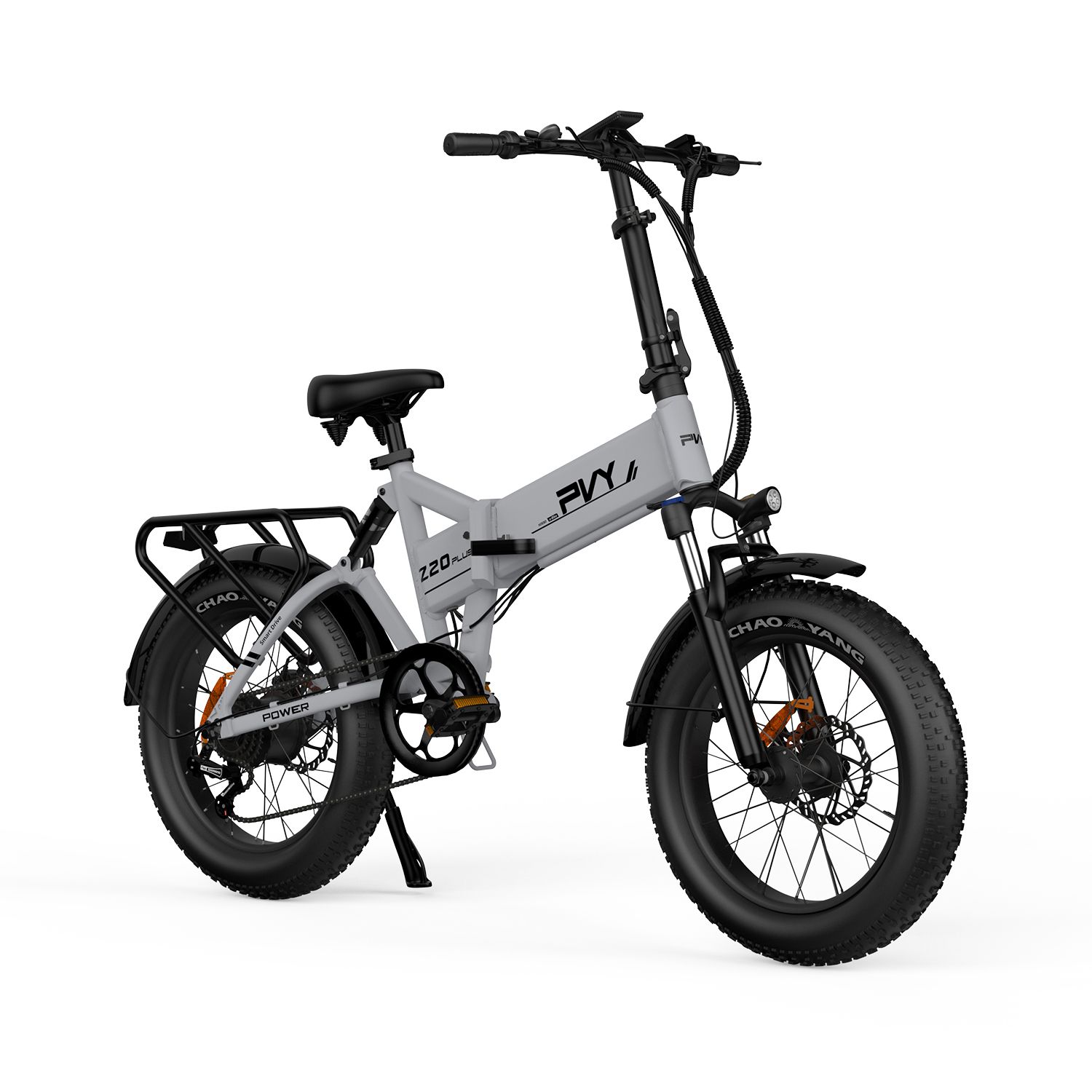 Grijze e-bike met zwarte banden en bagagedrager. Opschrift: PVY Z20 Plus.