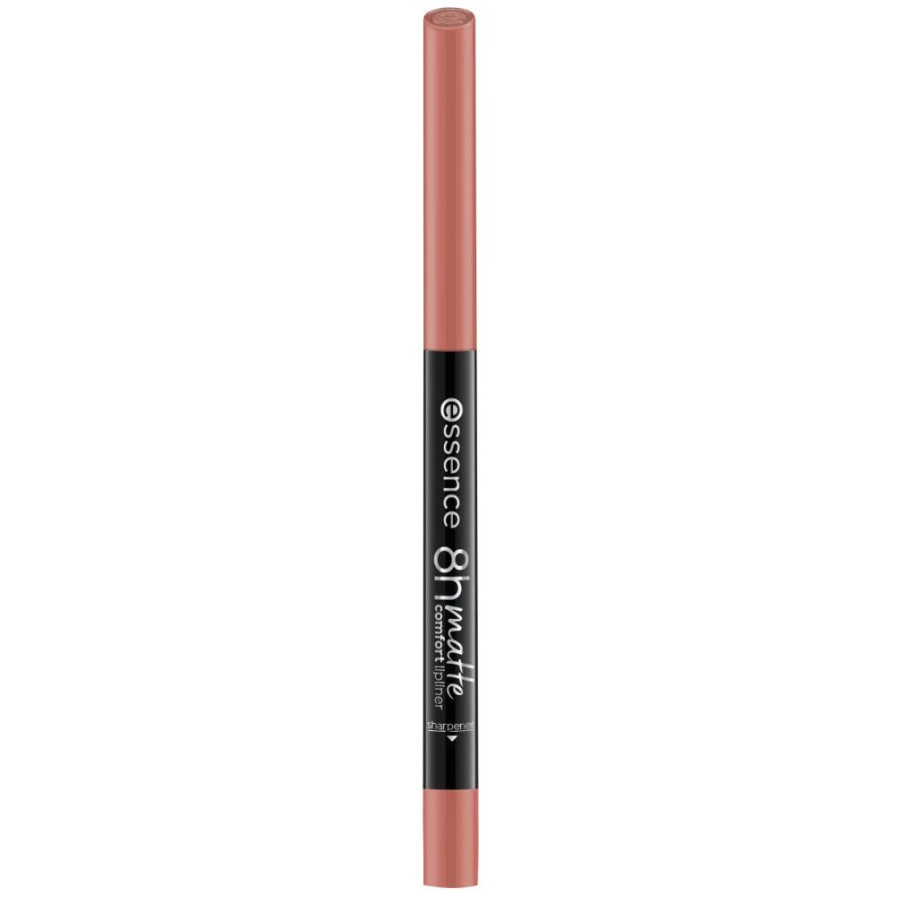 Lipliner met zwarte huls. Opschrift: Essence 8h matte comfort liner. Beide uiteinden nude.