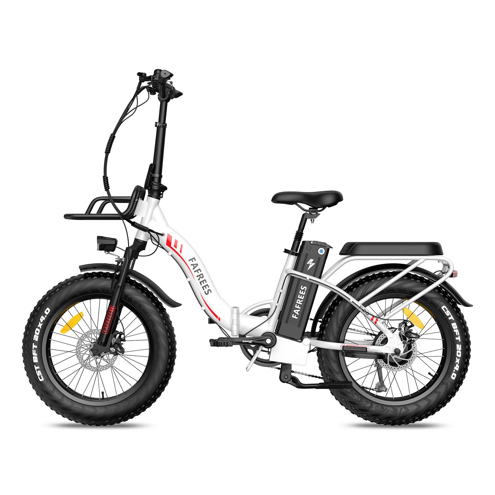 Witte Fafrees F20 Max elektrische fiets. Zwarte banden, bagagerek, voorste mand. Batterij en merk zichtbaar.