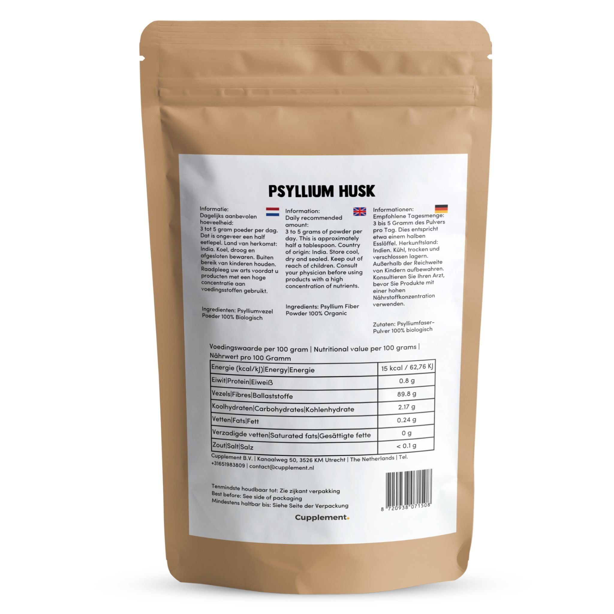 Zakje Psyllium Husk. Tekst: Psyllium Husk, voedingswaarde, ingrediënten, 100% bio.