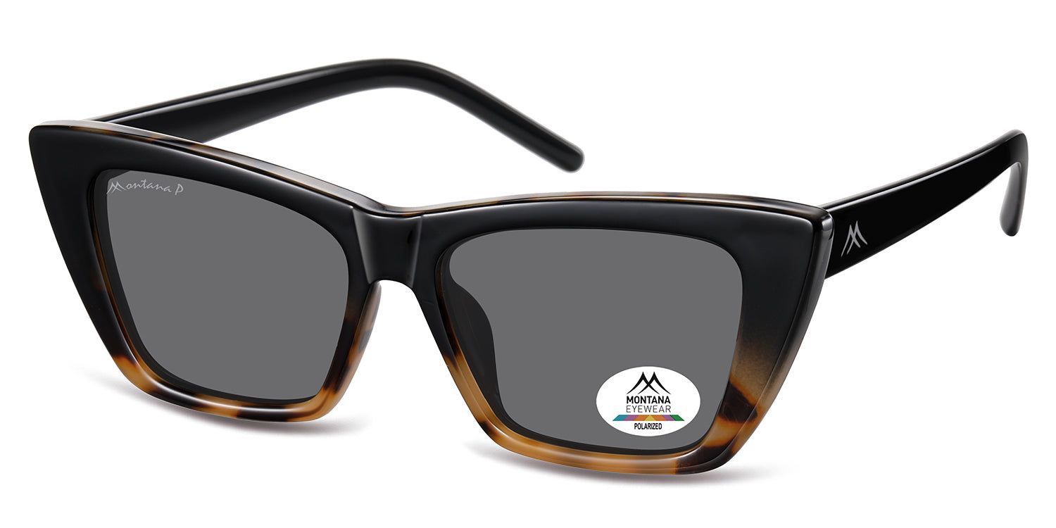 Lunettes de soleil noires et marron. Verres gris. Logo Montana Eyewear et autocollant Polarized.