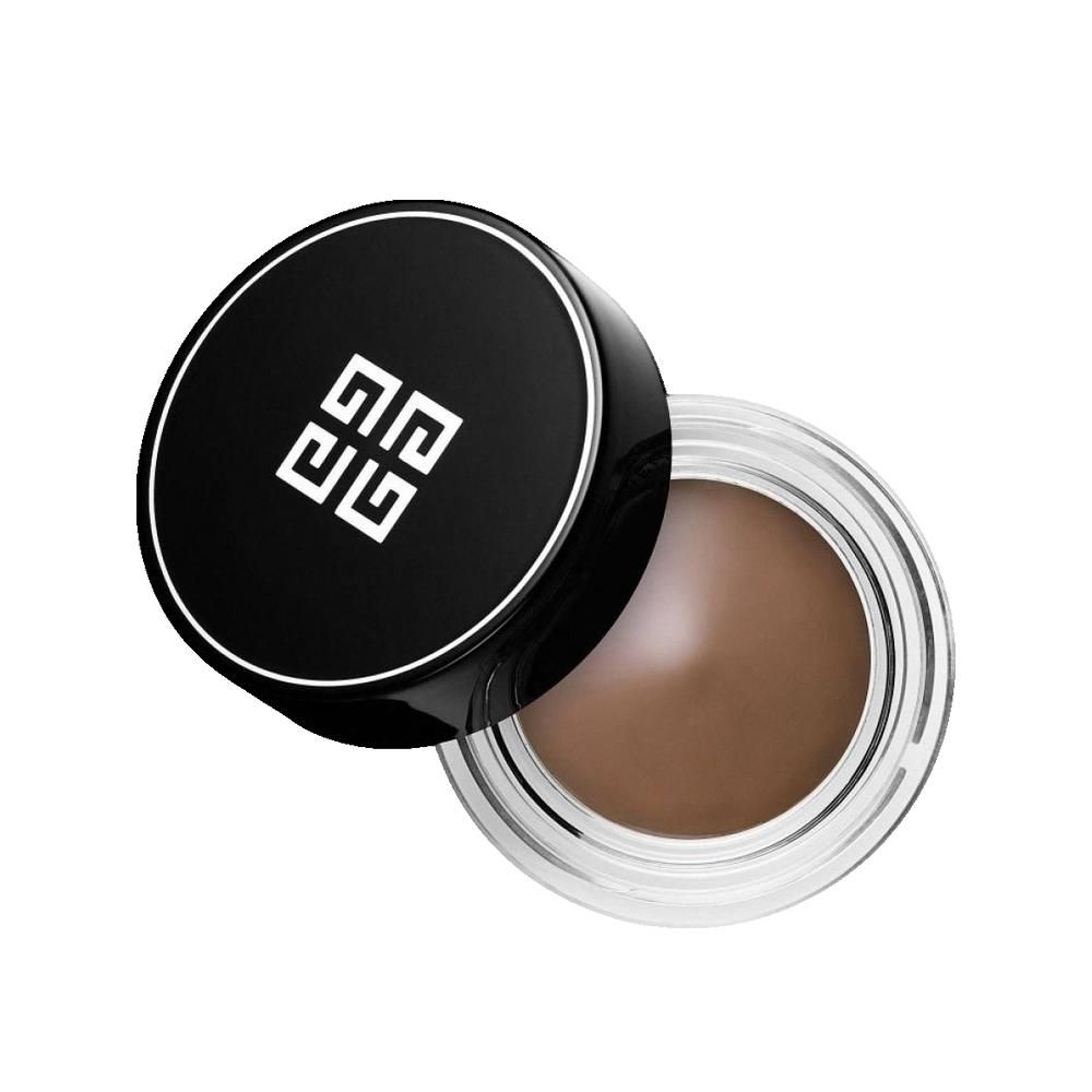 Pot ouvert de fard à paupières marron. Couvercle noir avec logo blanc. Récipient transparent.