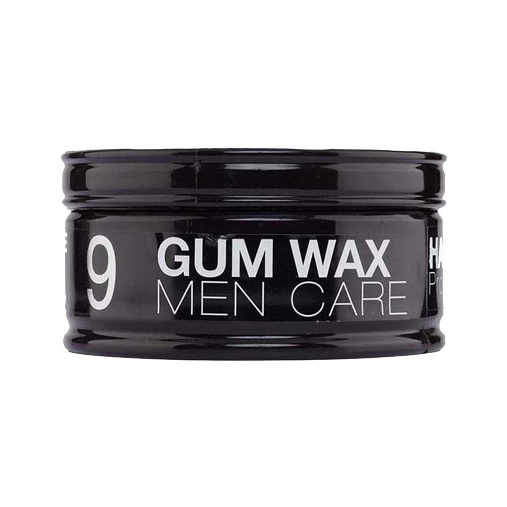 Zwarte pot met witte tekst: GUM WAX MEN CARE. Nummer 9 aan de zijkant.