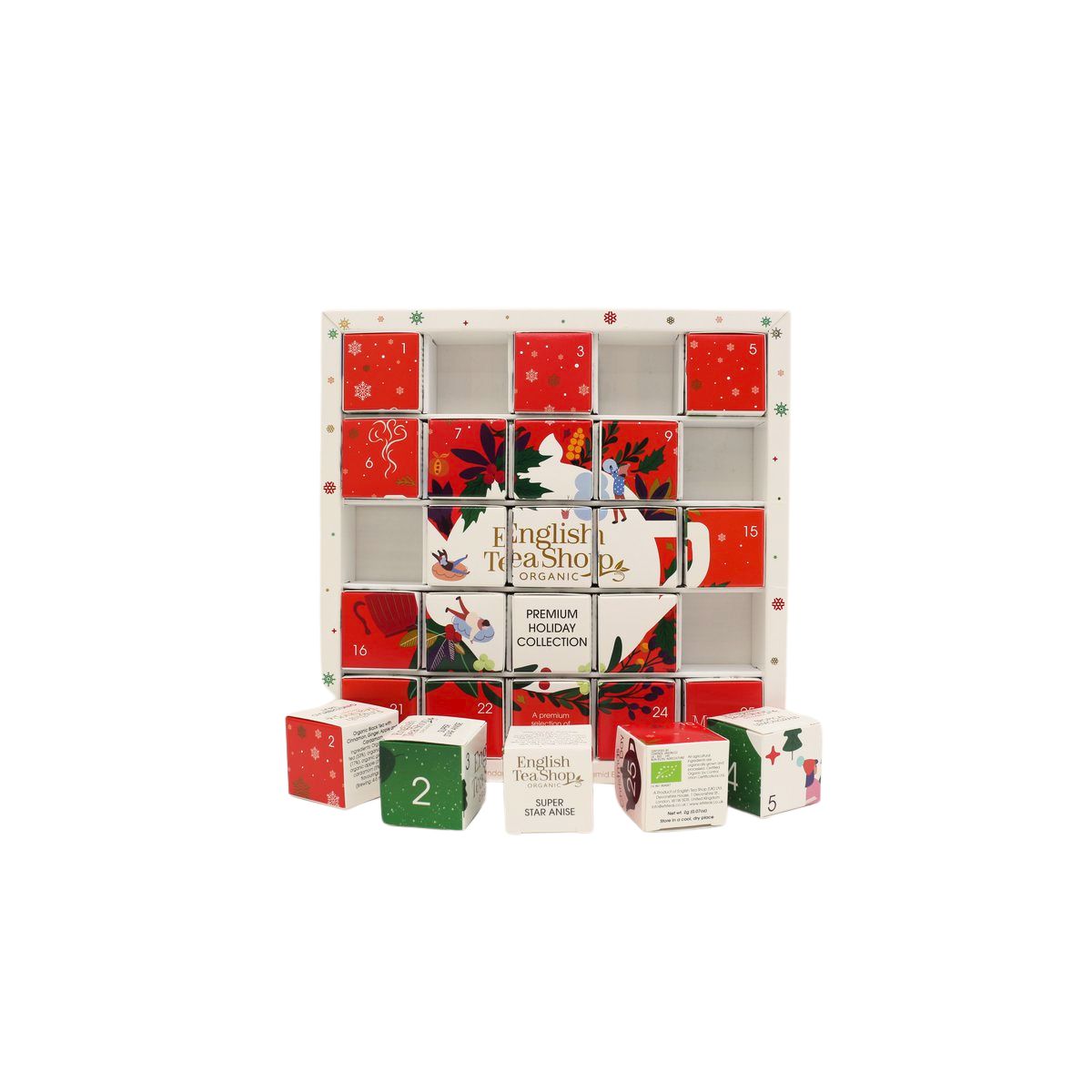 Calendrier de l'Avent avec portes ouvertes. Logo English Tea Shop. Boîtes de sachets de thé à côté. Design de Noël.