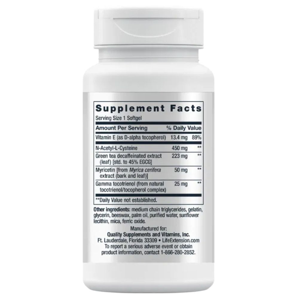 Arrière d'une bouteille Life Extension Geroprotect Ageless Cell avec faits nutritionnels et ingrédients.