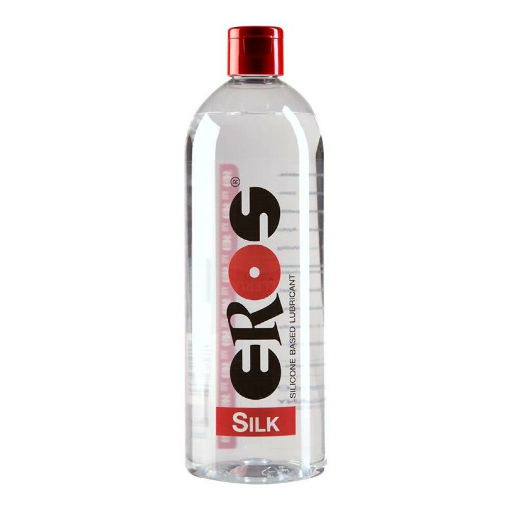 Flacon transparent avec bouchon rouge. Inscription : EROS, SILK. Texte : SILICONE BASED LUBRICANT.
