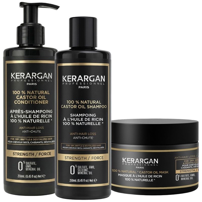 Trois produits Kerargan : shampooing, après-shampooing et masque. Flacons noirs avec étiquettes dorées. Ingrédient principal : huile de ricin.