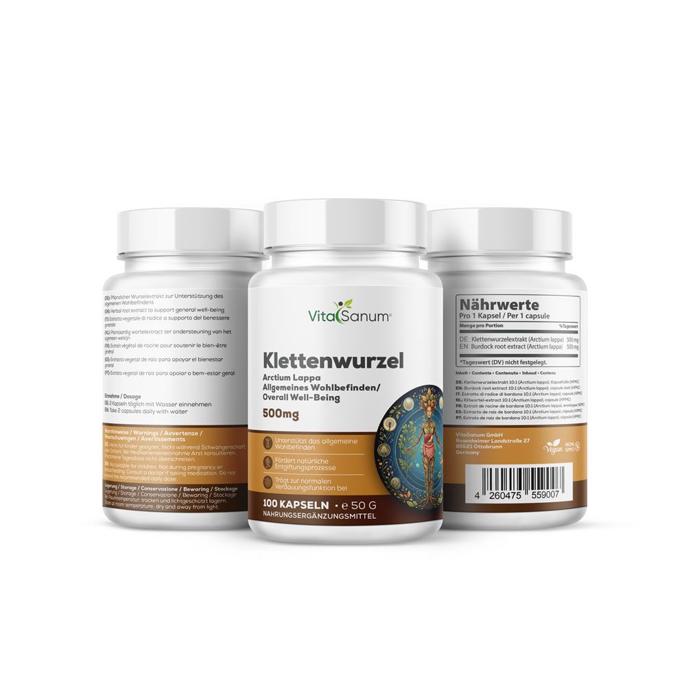 Drie flessen capsules. Opschrift: VitaSanum, Klettenwurzel, 500mg. Etiketten met productinfo en logo.