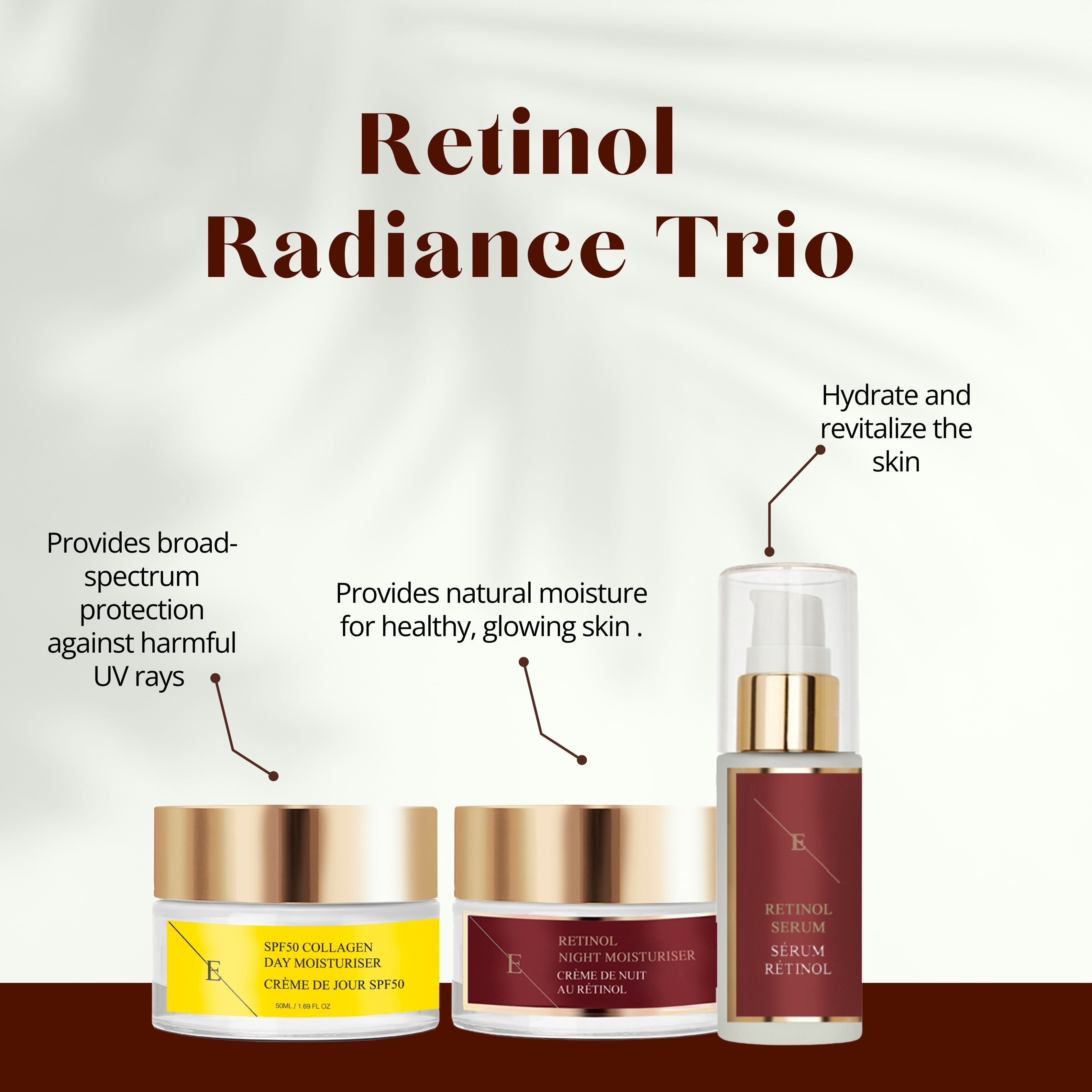 Trois produits cosmétiques : crème de jour, crème de nuit et sérum. Couvercles dorés, étiquettes avec texte. Inscription : Sérum Rétinol, Crème de jour SPF50.