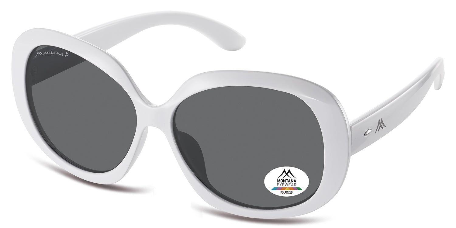 Lunettes de soleil blanches avec verres gris. Le logo Montana Eyewear est visible sur la branche et un autocollant 'Polarized' sur le verre.