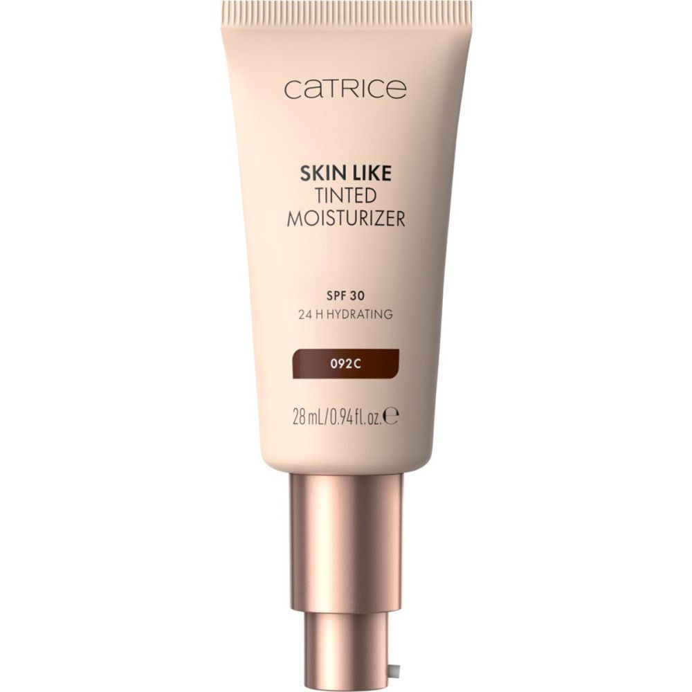 Beige tube Catrice. Skin Like getinte moisturizer, SPF 30. Tint 092C. Inhoud 28 ml. Gouden dop.