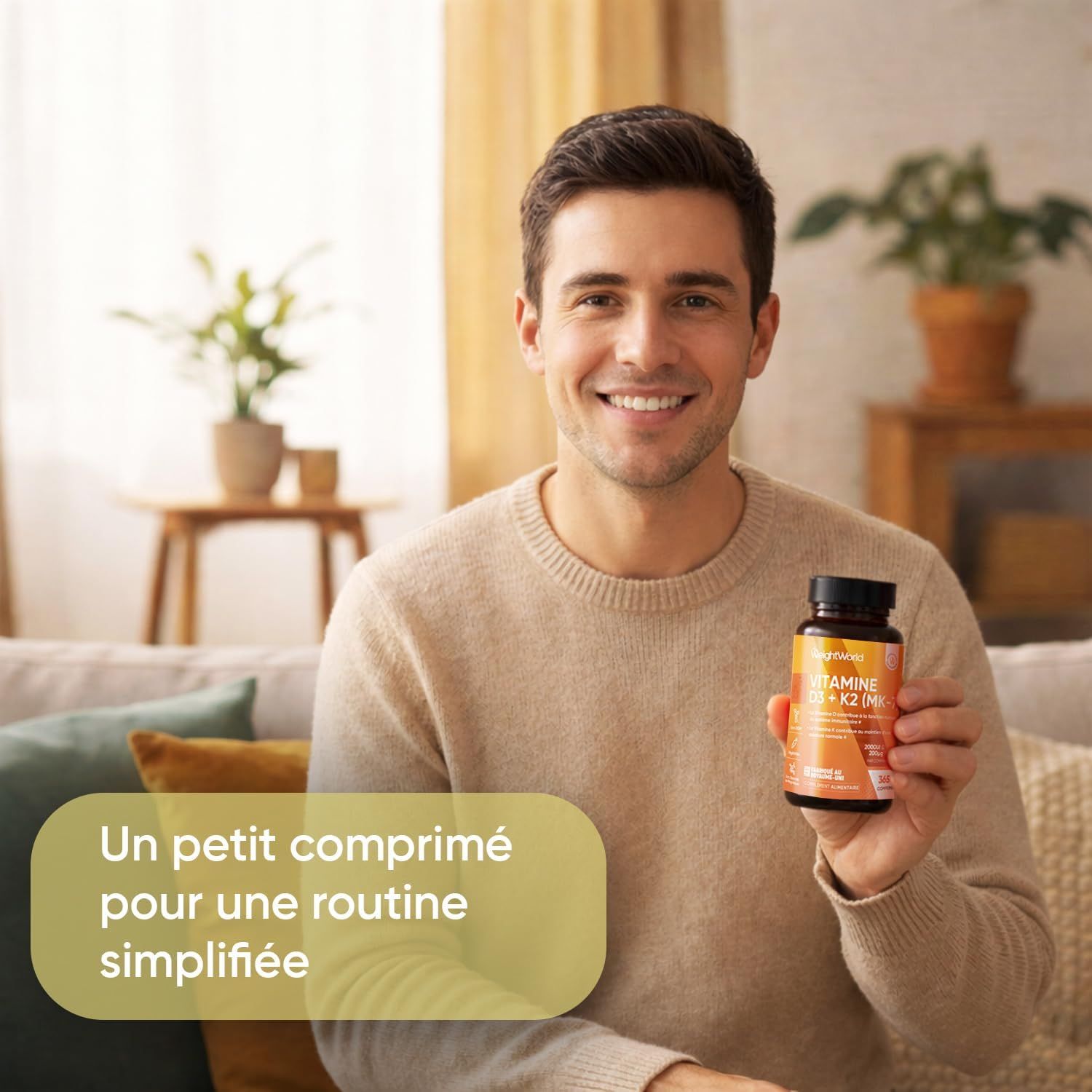 Bouteille WeightWorld Vitamine D3+K2, 365 comprimés, 2000 UI D3, 200µg K2.