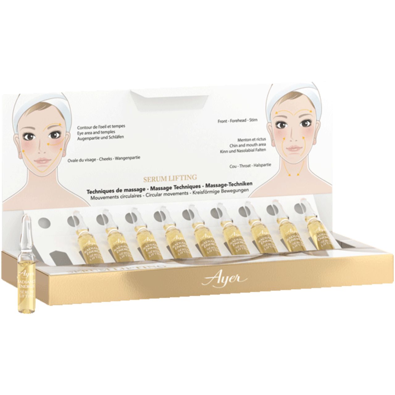 Verpakking met ampullen. Ayer Serum Lifting. Gezichtsweergave met massagepunten. Eén ampul verwijderd.