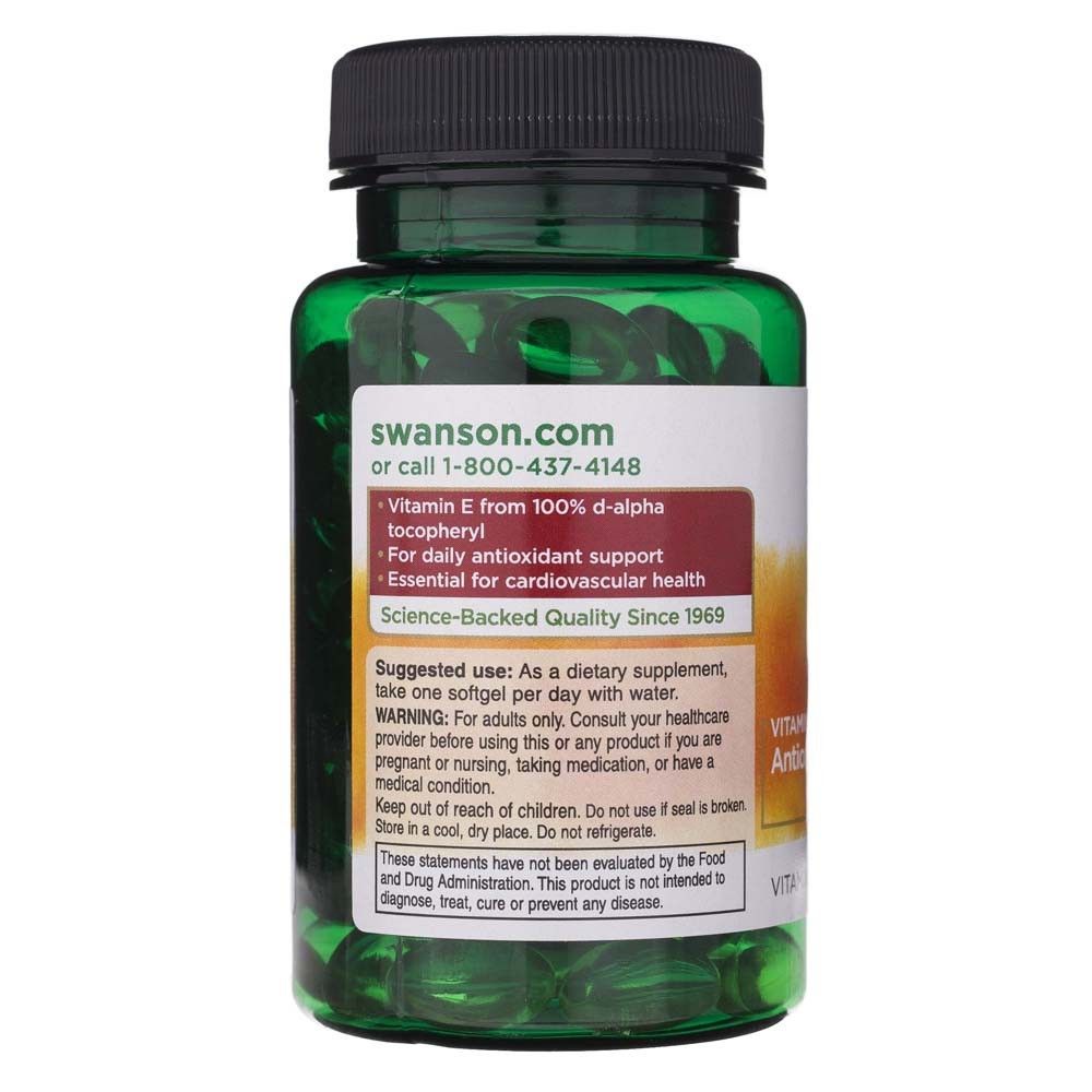 Achterkant van de fles met gebruiksinstructies en waarschuwingen voor Swanson Vitamine E.