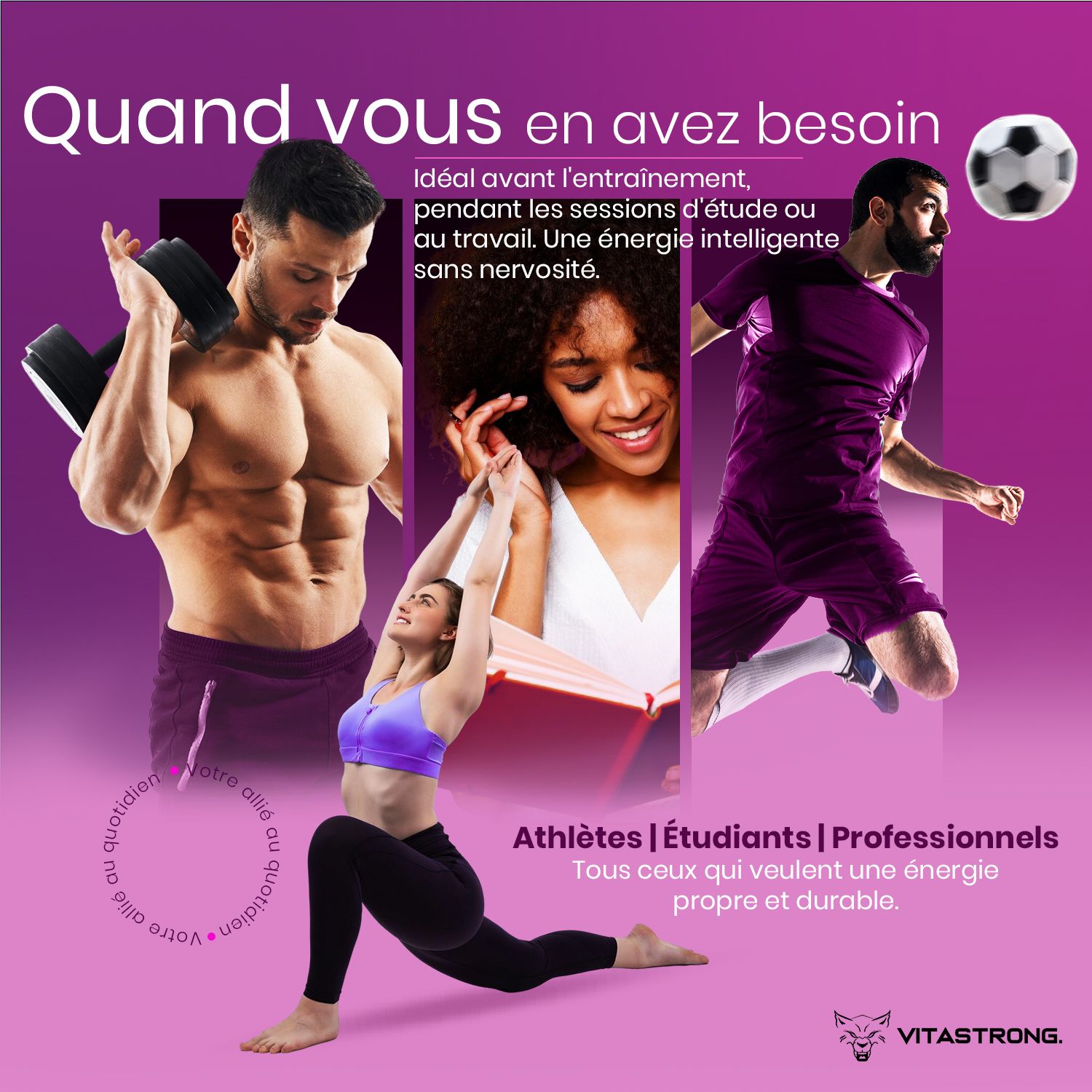 Vitastrong Energy Berries. Athlètes, étudiants, professionnels. Énergie pour le quotidien. Texte.