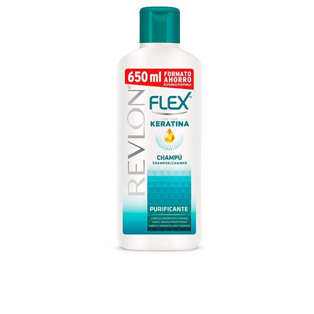 Shampoo Revlon Flex. Bouteille blanche, bouchon vert. Inscription: 650 ml, Flex, Kératine, Champú. Purifiant. Cheveux gras.