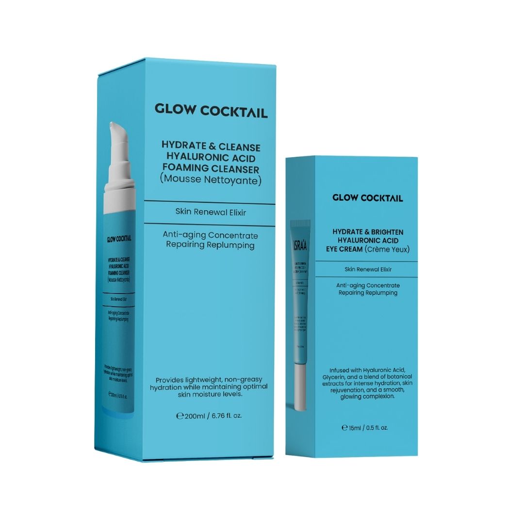 Deux boîtes bleues. À gauche, boîte de nettoyant avec image du produit. À droite, boîte de crème pour les yeux. Texte : Glow Cocktail, Hydrate & Cleanse.
