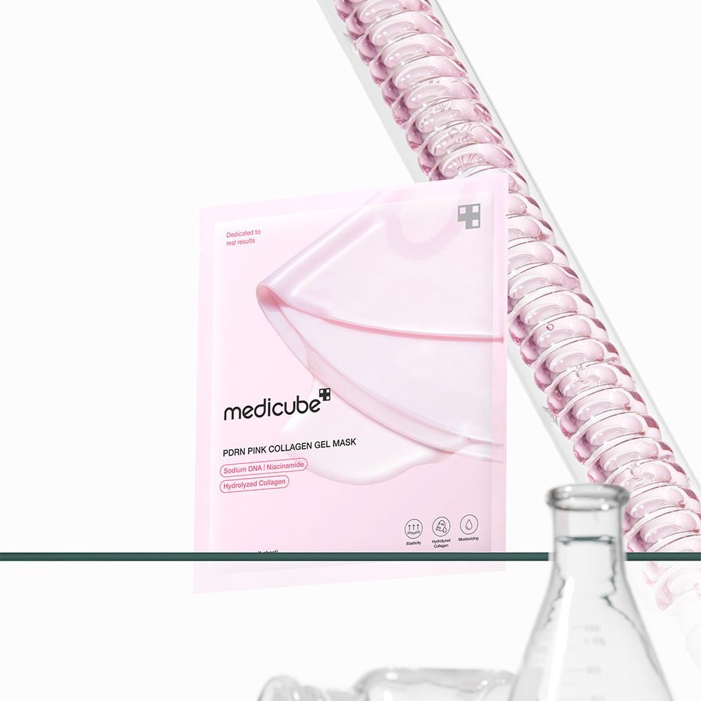 Verpakking Medicube PORN PINK COLLAGEN GEL MASK met zichtbare ingrediënten zoals Gehydrolyseerd Collageen.