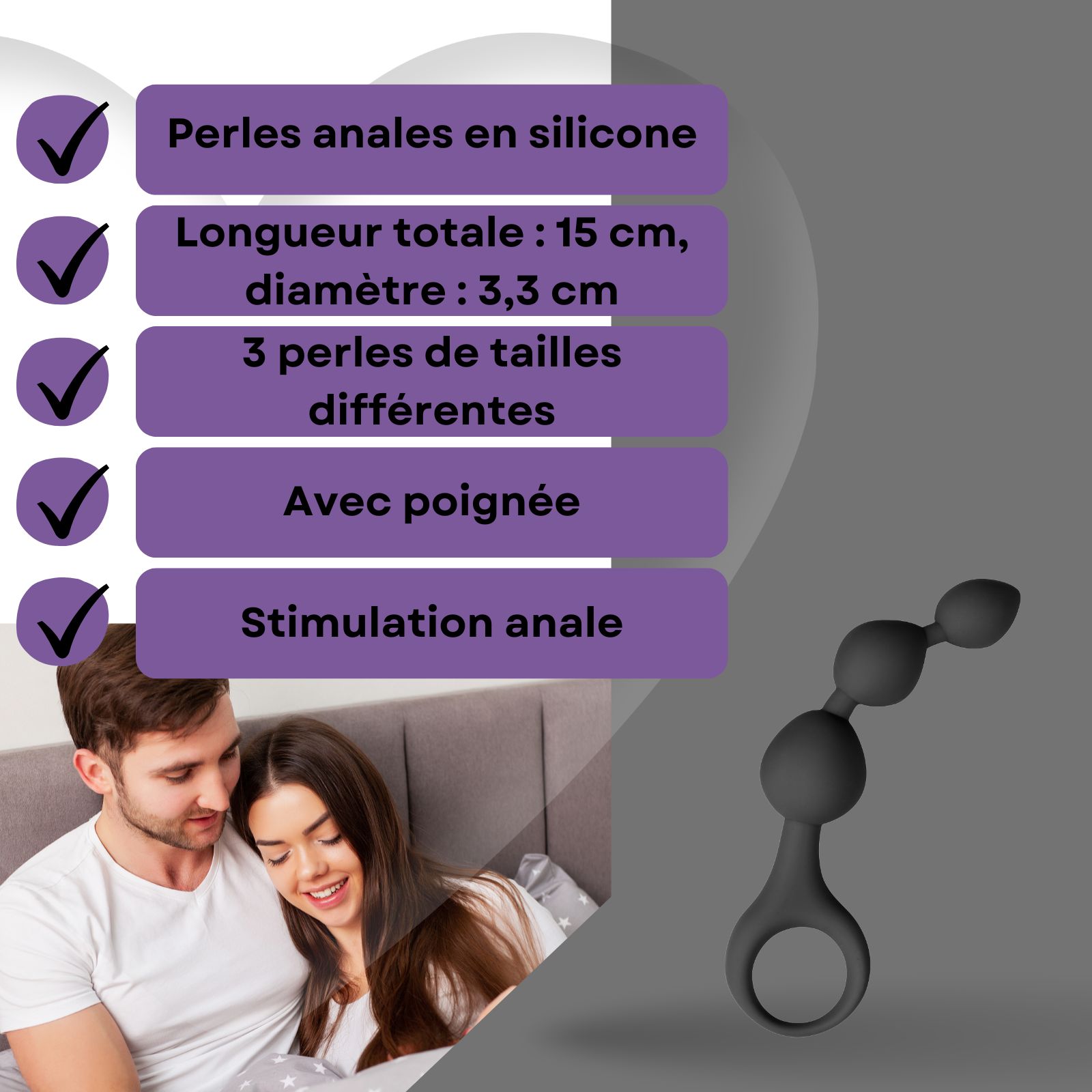 Perles anales en silicone, 3 boules. Couple au lit. Texte: Perles anales en silicone, 15cm, 3,3cm.