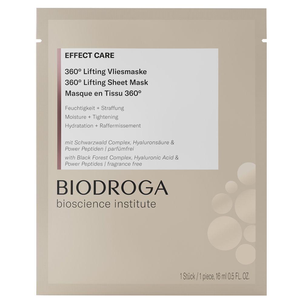 Zakje met gezichtsmasker. Tekst: 360° Lifting Vliesmaske, BIODROGA. Bevat hyaluronzuur en peptiden. 1 stuk.