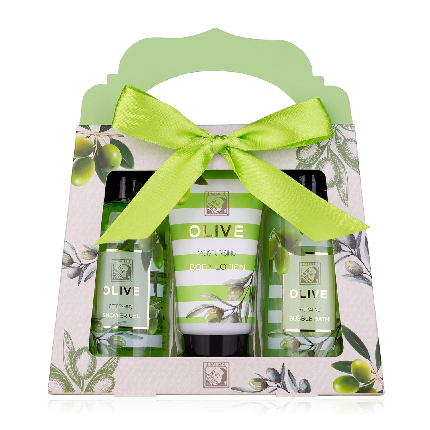 Coffret cadeau avec gel douche, lotion pour le corps et bain moussant. Emballage vert avec nœud et motif d'olives.
