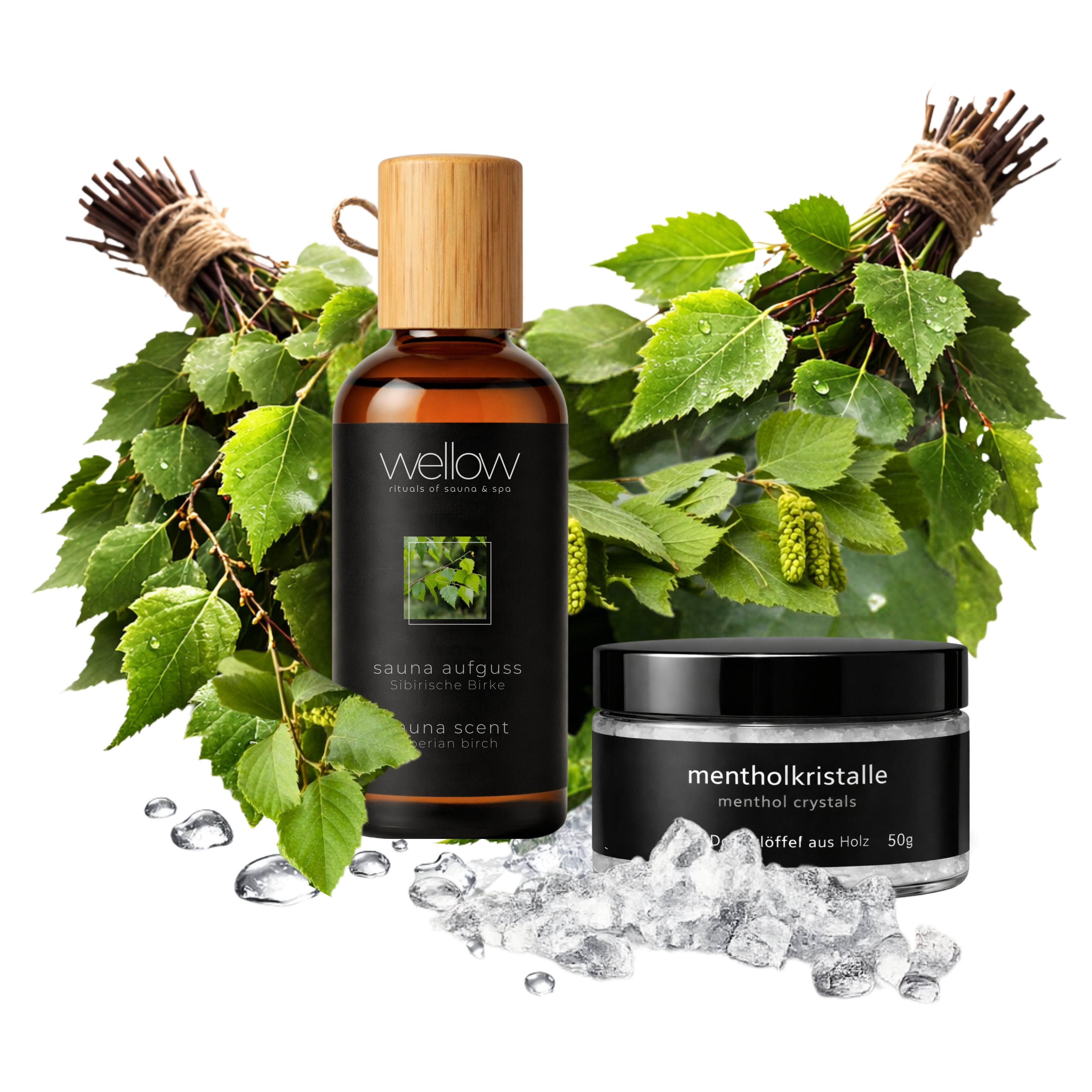 Flacon brun, pot, branches de bouleau, cristaux de menthol. Étiquettes noires. Présentation du produit.