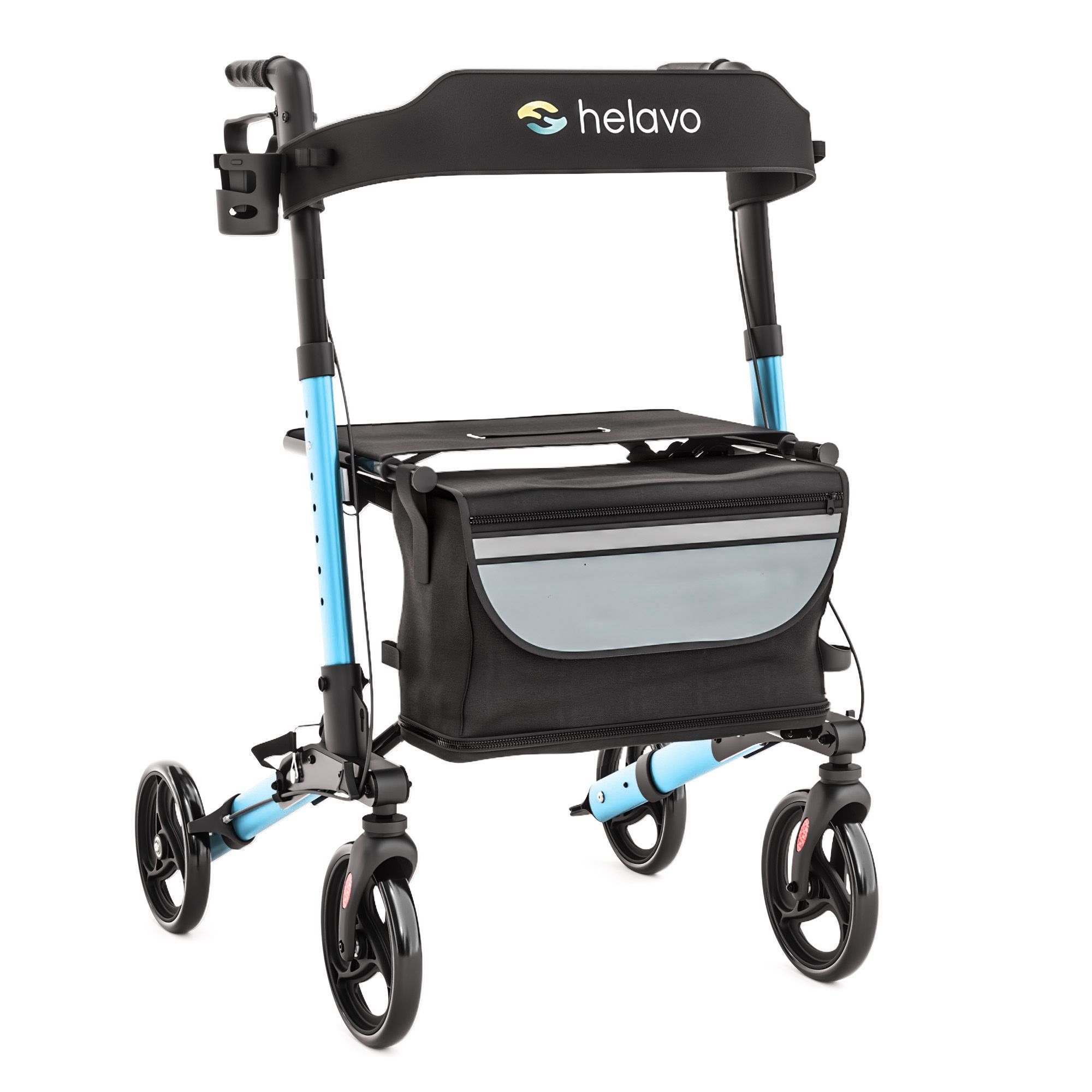 Rollator bleu en aluminium avec siège, sac et porte-gobelet.
