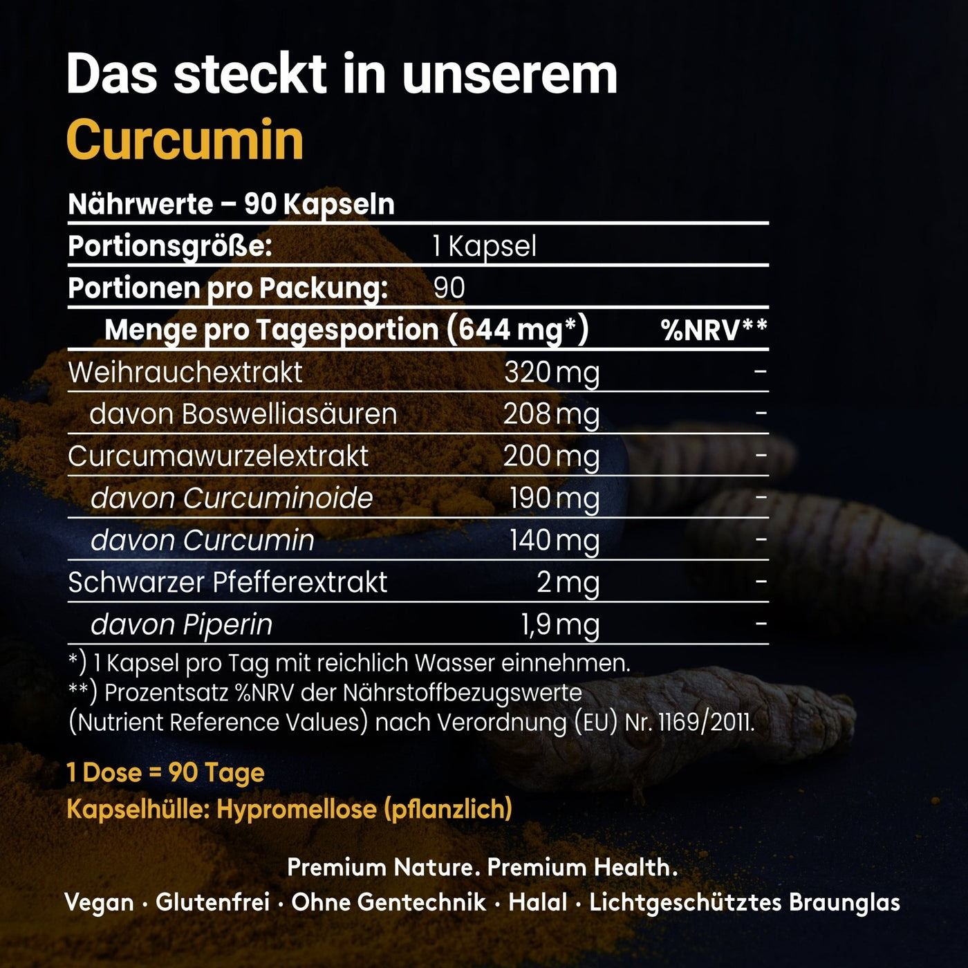 Tableau nutritionnel pour Doktor Health Curcumin. 90 gélules par emballage. Ingrédients : extrait de Boswellia, curcuminoïdes, pipérine. Végétalien, sans gluten.