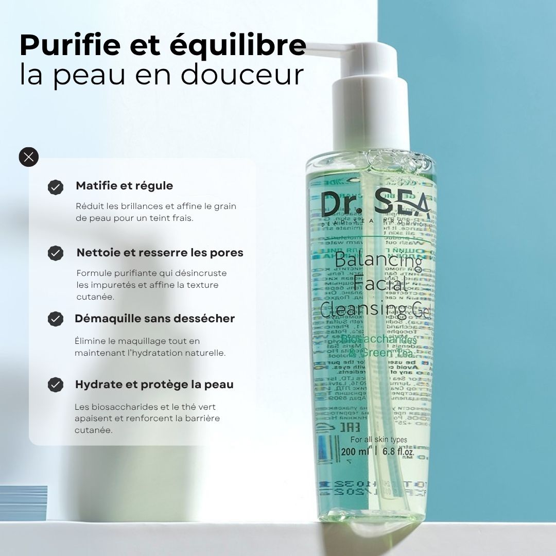 Gel nettoyant vert avec pompe blanche. Inscription: Dr. SEA, Balancing Facial Cleansing Gel.