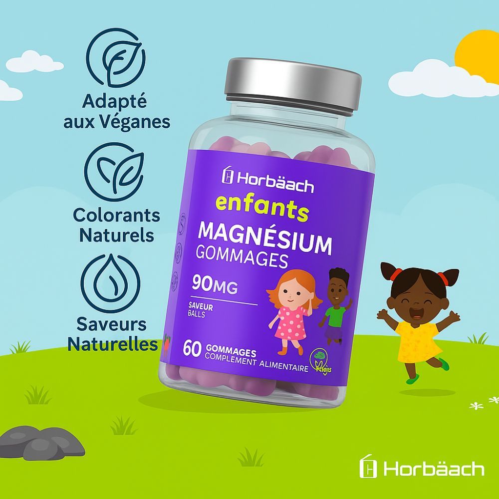 Horbaach Kinder Magnesium Gummies. Flacon violet avec bonbons gélifiés. 60 gommes, 90mg, goût fraise. Vegan.