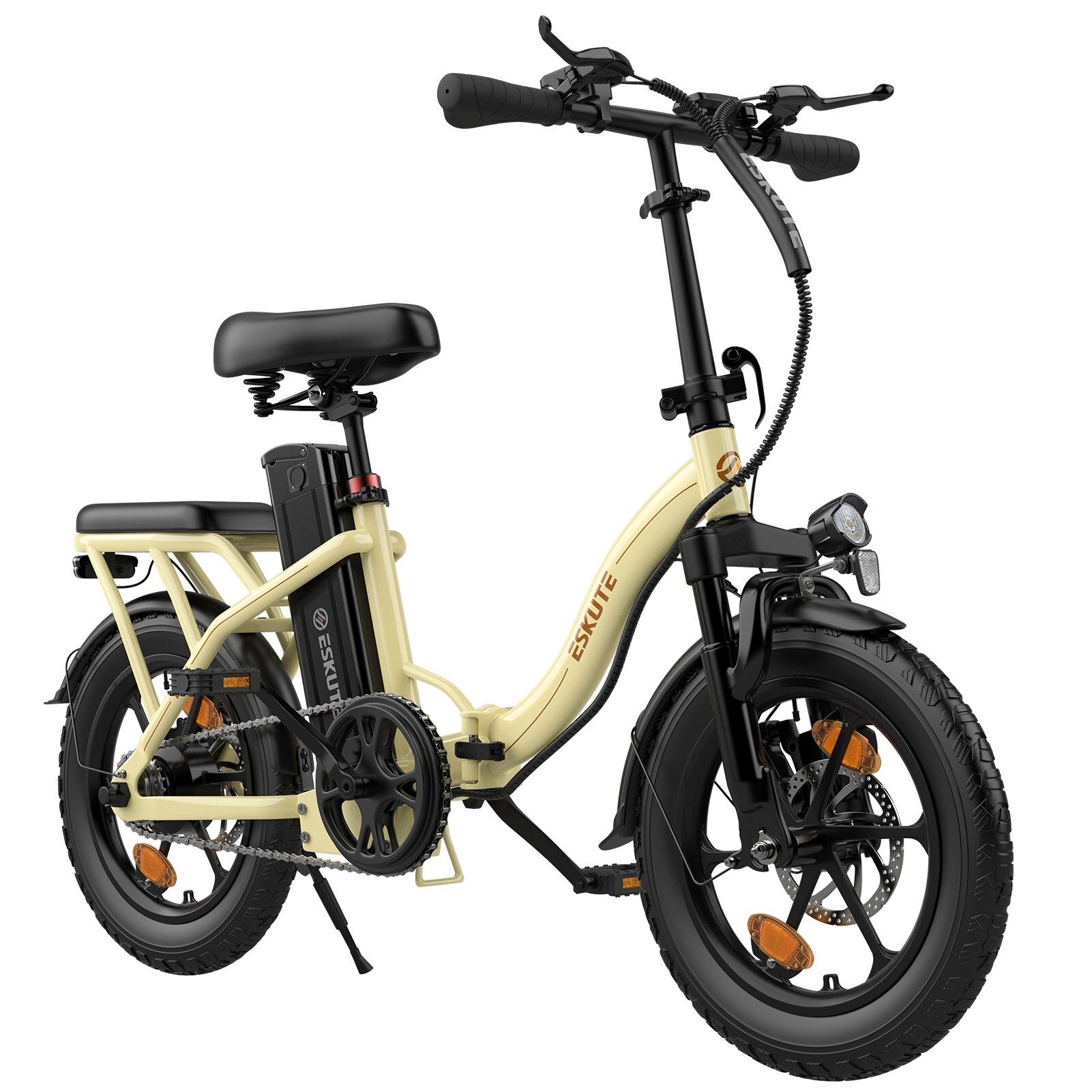 Vélo électrique pliable beige. Pneus, selle et guidon noirs. Marque ESKUTE.