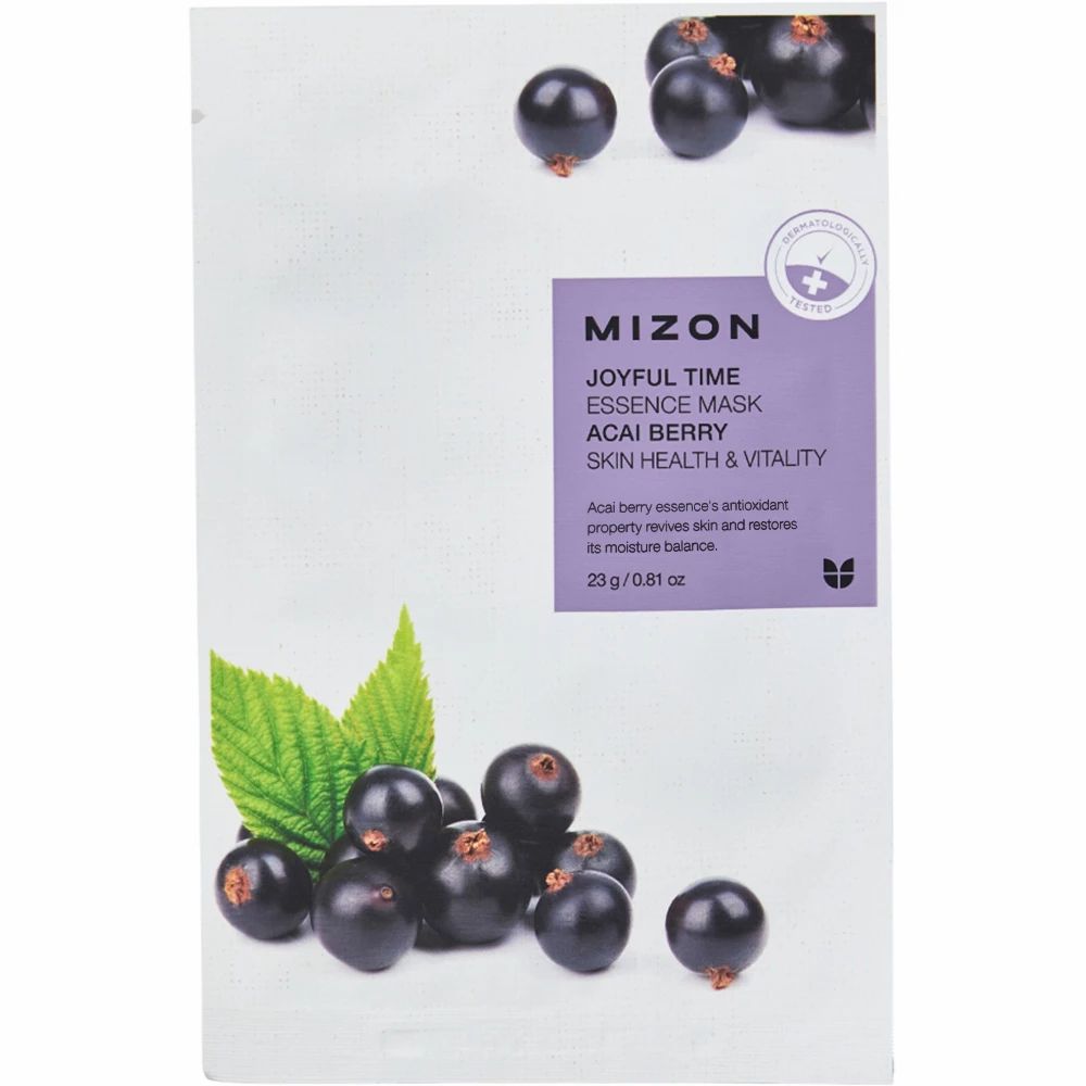 MIZON Joyful Time Essence Mask Acai Berry Masque visage avec motif de baies et informations produit.