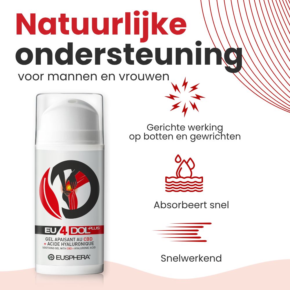 Fles met tekst en rood logo. Tekst: EU4DOL Plus, Eusphera. Gerichte werking op botten en gewrichten.