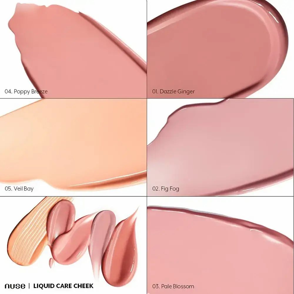 Zes tinten vloeibare rouge. Opschrift "nuse | LIQUID CARE CHEEK".