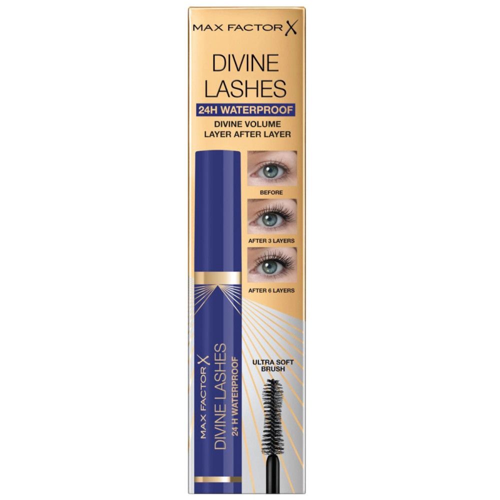 Verpakking van Max Factor Divine Lashes Waterproof mascara. Blauwe tube met gouden accenten. Tekst: Divine Lashes, 24H Waterproof. Illustraties van wimpers.